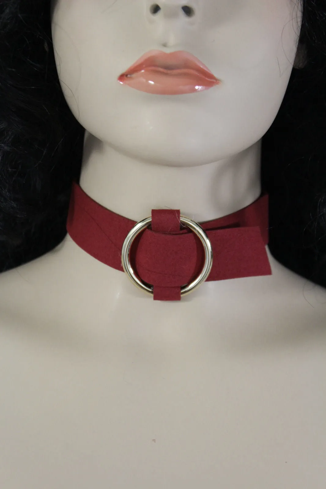 Black Brown Gray Green Red Faux Leather Gold Ring Choker Necklace Accessories