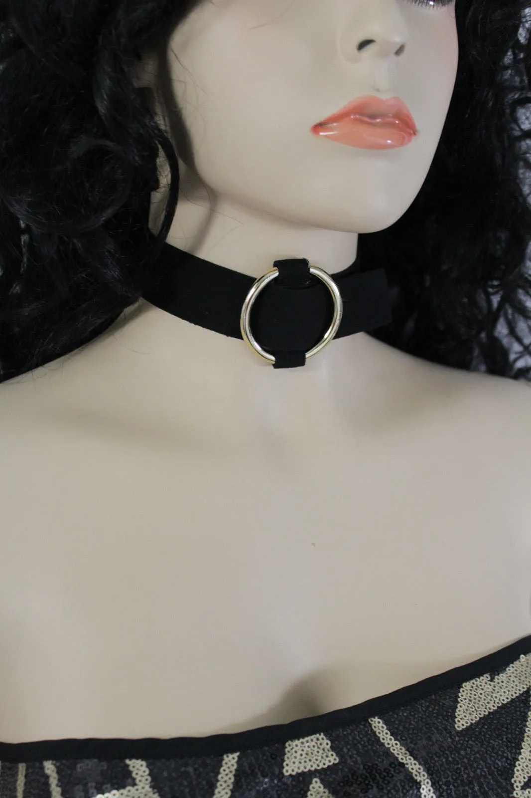 Black Brown Gray Green Red Faux Leather Gold Ring Choker Necklace Accessories