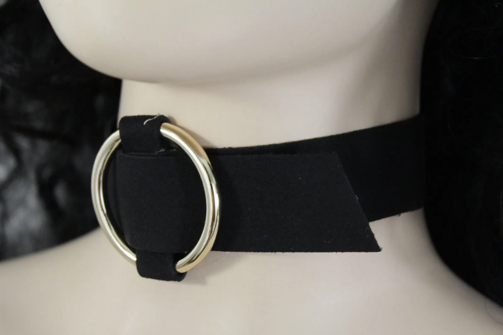 Black Brown Gray Green Red Faux Leather Gold Ring Choker Necklace Accessories