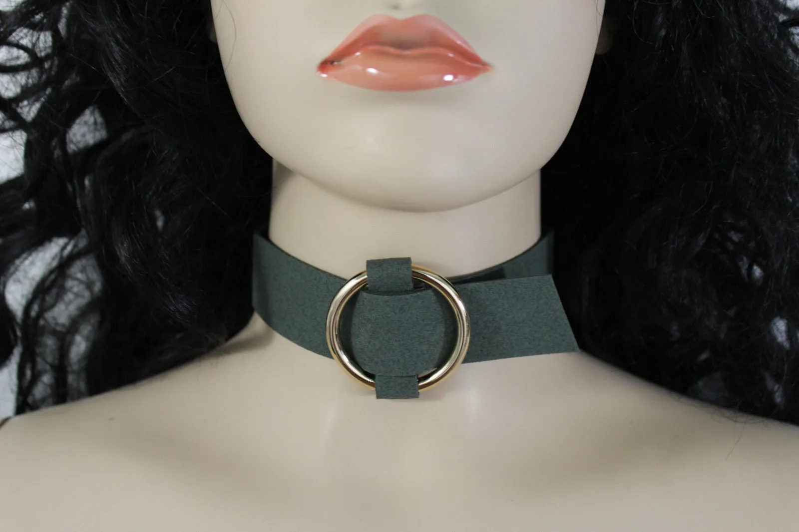 Black Brown Gray Green Red Faux Leather Gold Ring Choker Necklace Accessories