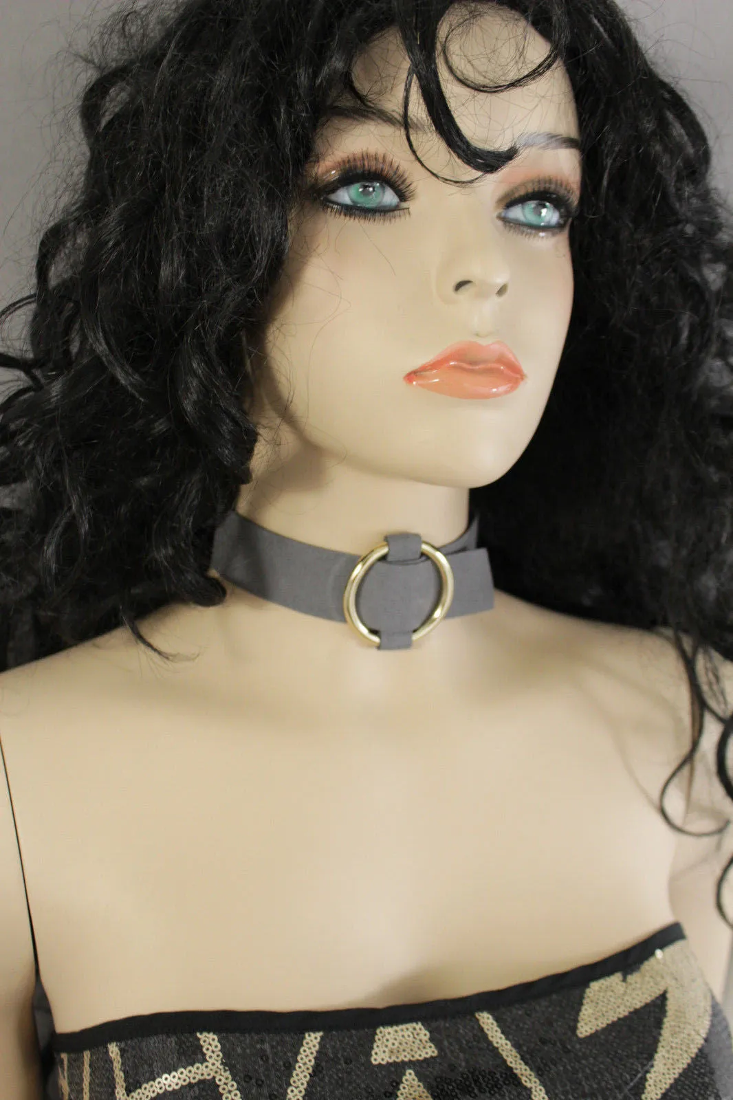 Black Brown Gray Green Red Faux Leather Gold Ring Choker Necklace Accessories