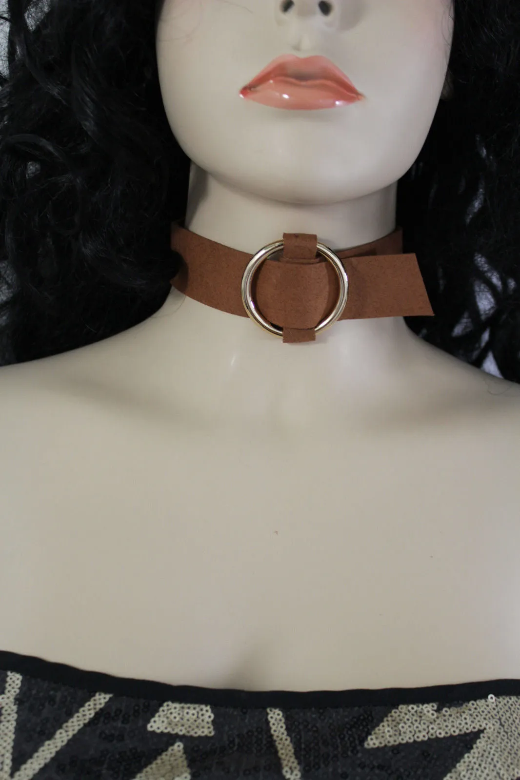 Black Brown Gray Green Red Faux Leather Gold Ring Choker Necklace Accessories