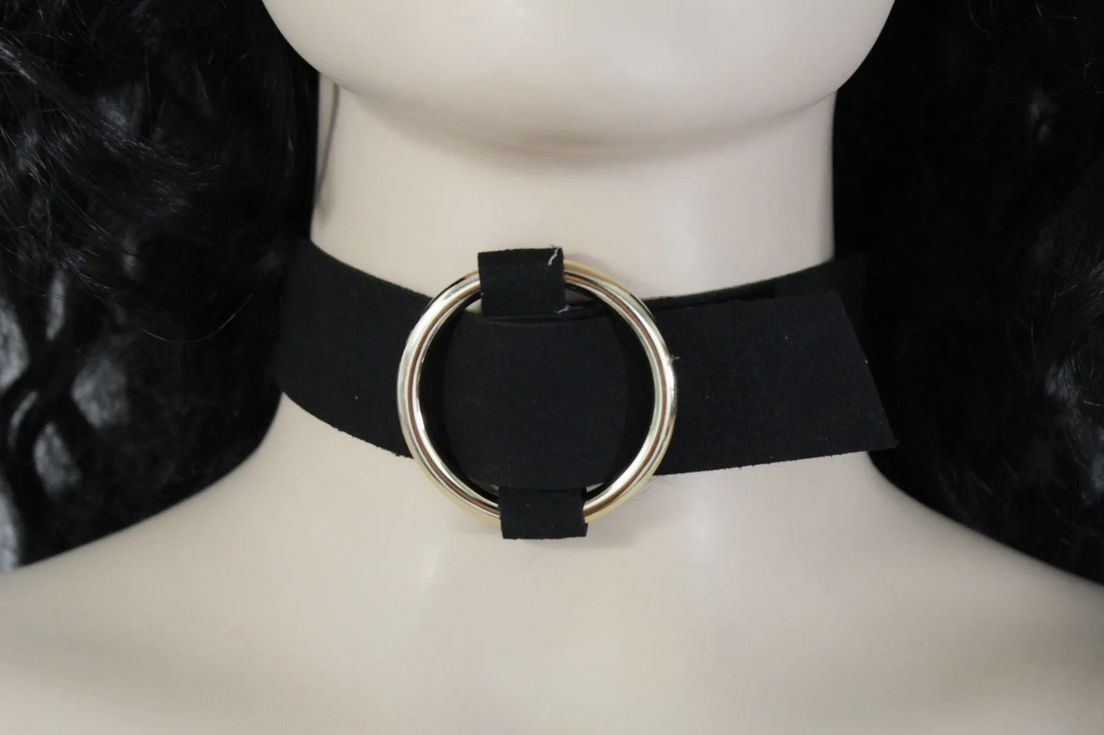 Black Brown Gray Green Red Faux Leather Gold Ring Choker Necklace Accessories