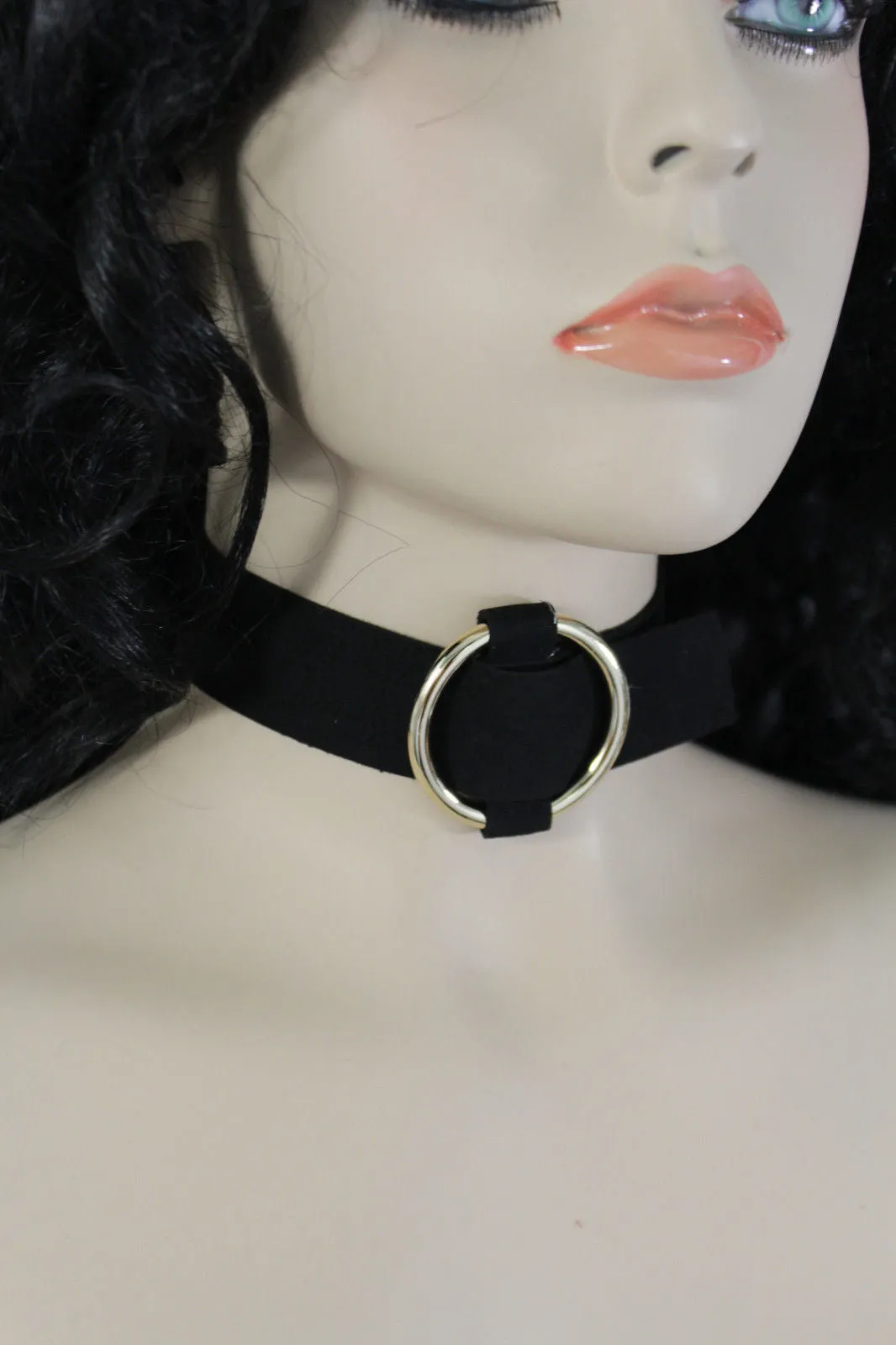 Black Brown Gray Green Red Faux Leather Gold Ring Choker Necklace Accessories