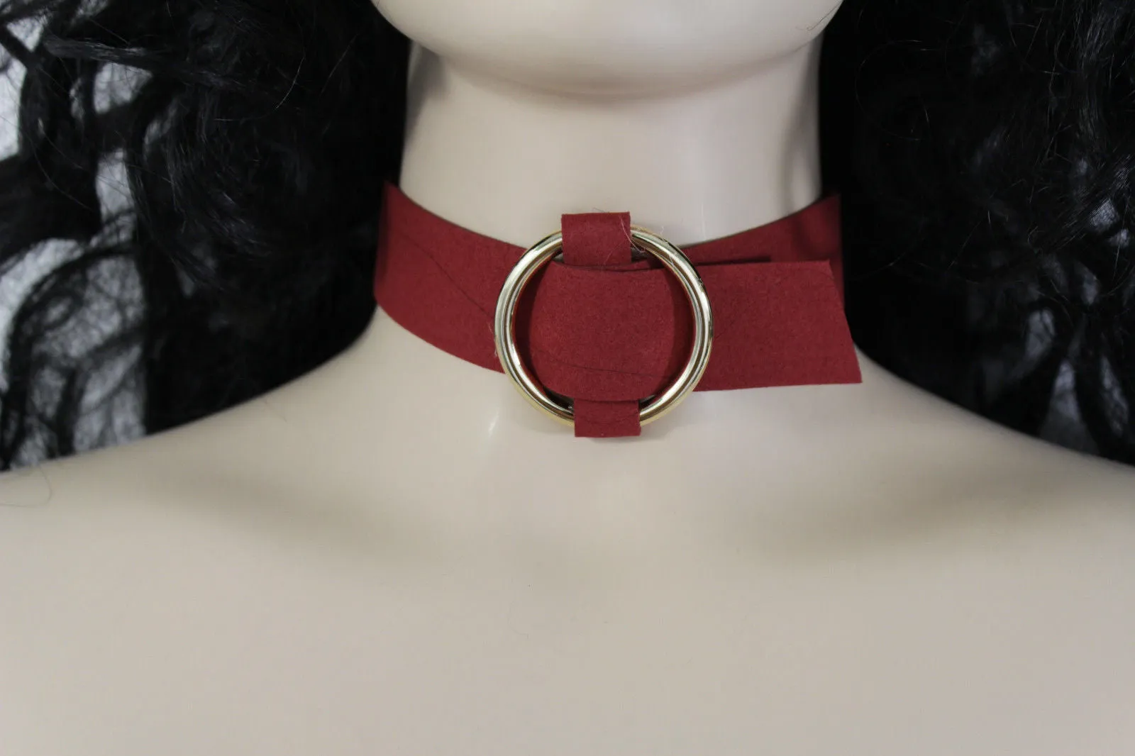 Black Brown Gray Green Red Faux Leather Gold Ring Choker Necklace Accessories