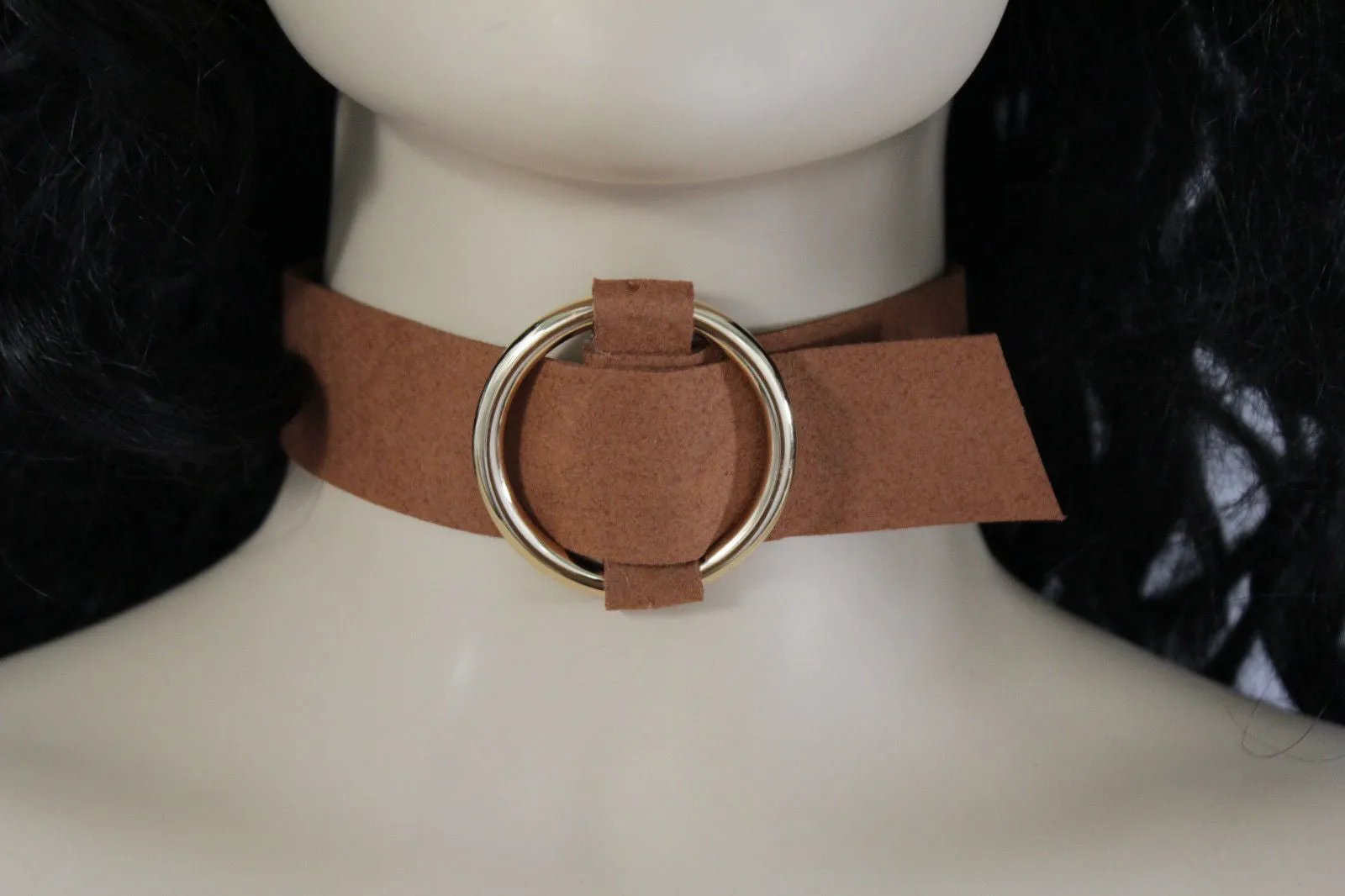 Black Brown Gray Green Red Faux Leather Gold Ring Choker Necklace Accessories