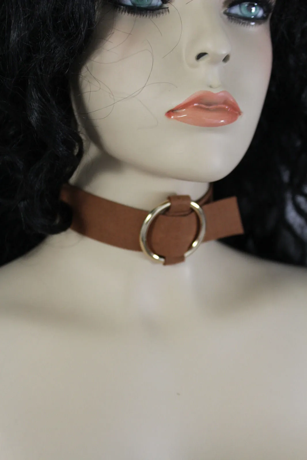 Black Brown Gray Green Red Faux Leather Gold Ring Choker Necklace Accessories