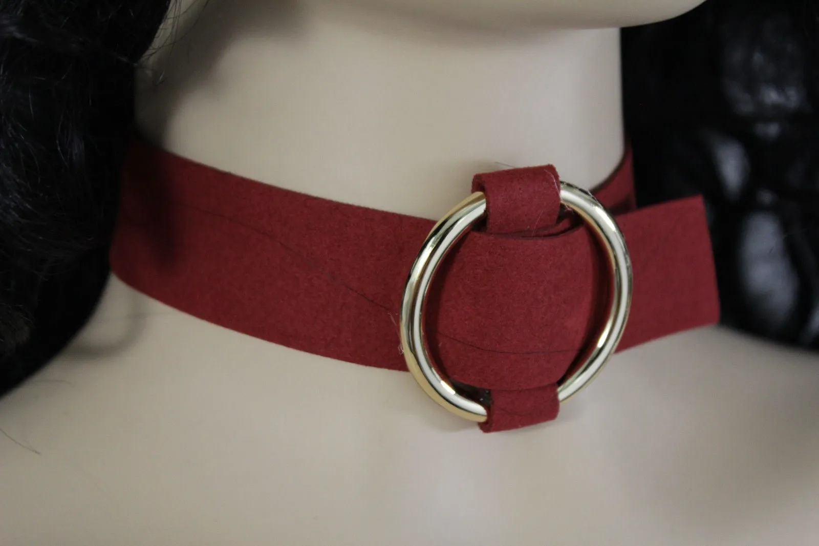 Black Brown Gray Green Red Faux Leather Gold Ring Choker Necklace Accessories