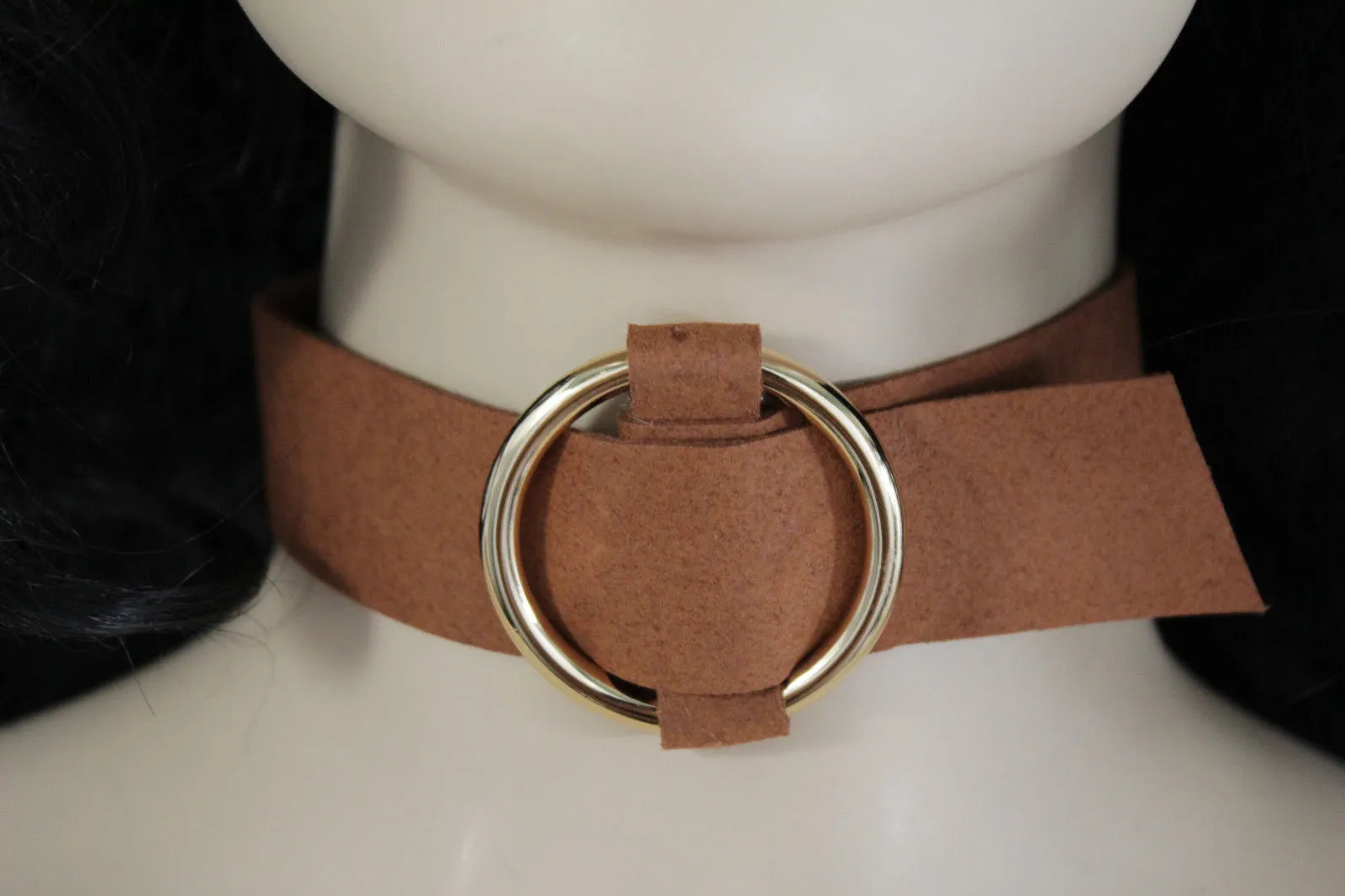 Black Brown Gray Green Red Faux Leather Gold Ring Choker Necklace Accessories