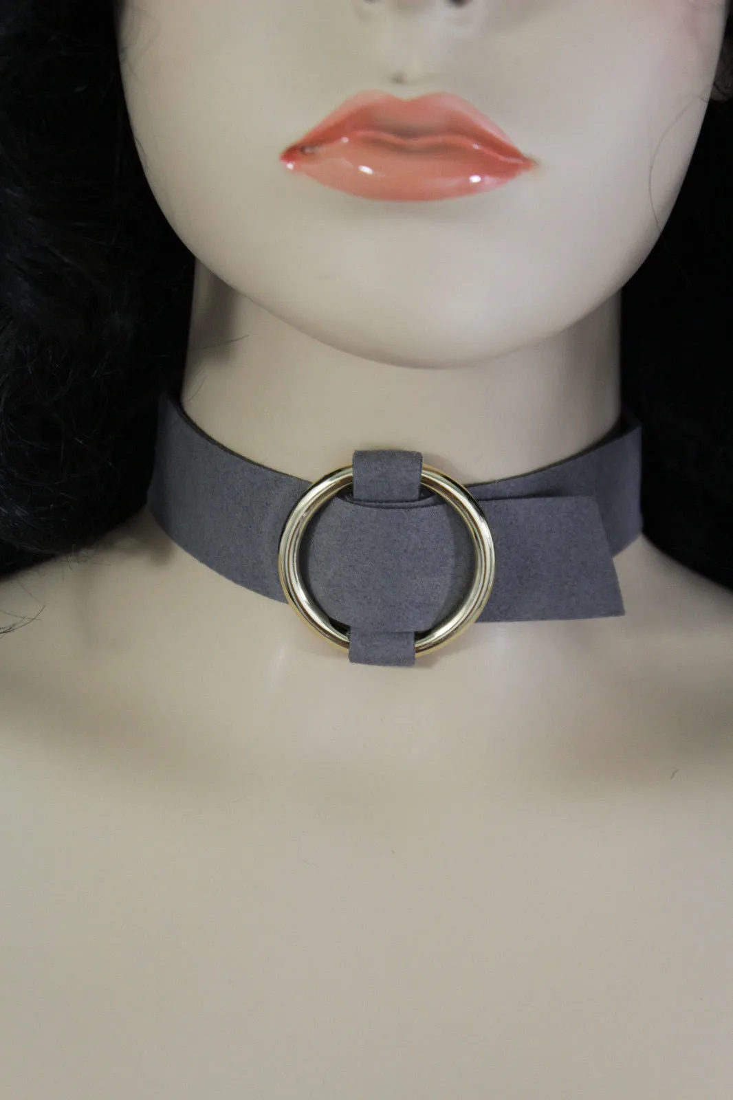 Black Brown Gray Green Red Faux Leather Gold Ring Choker Necklace Accessories