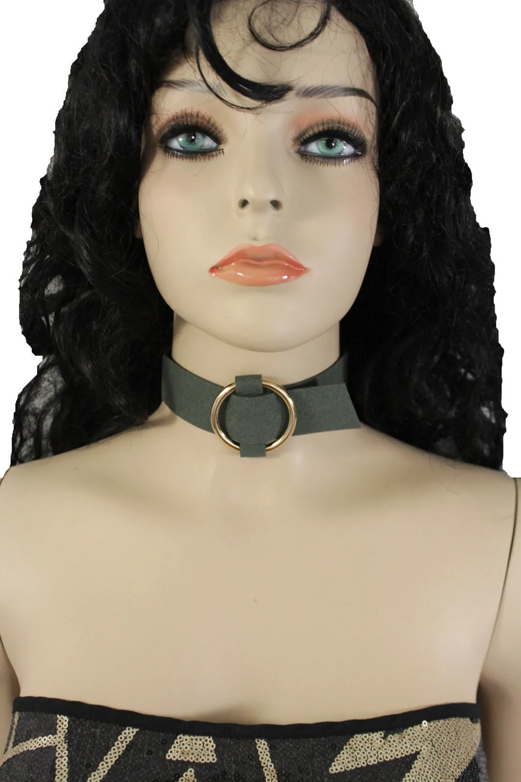 Black Brown Gray Green Red Faux Leather Gold Ring Choker Necklace Accessories