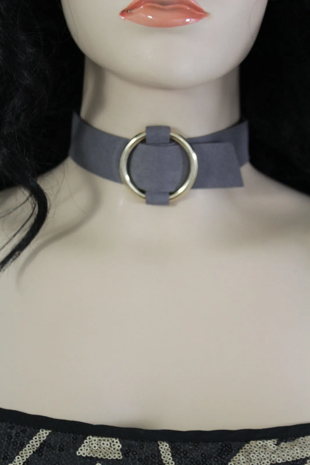 Black Brown Gray Green Red Faux Leather Gold Ring Choker Necklace Accessories