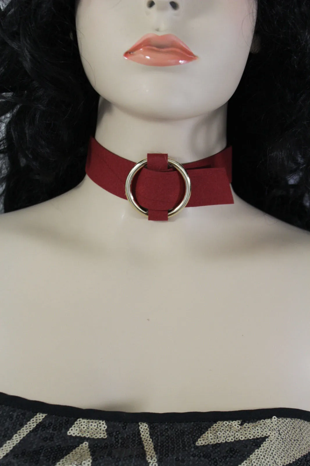 Black Brown Gray Green Red Faux Leather Gold Ring Choker Necklace Accessories