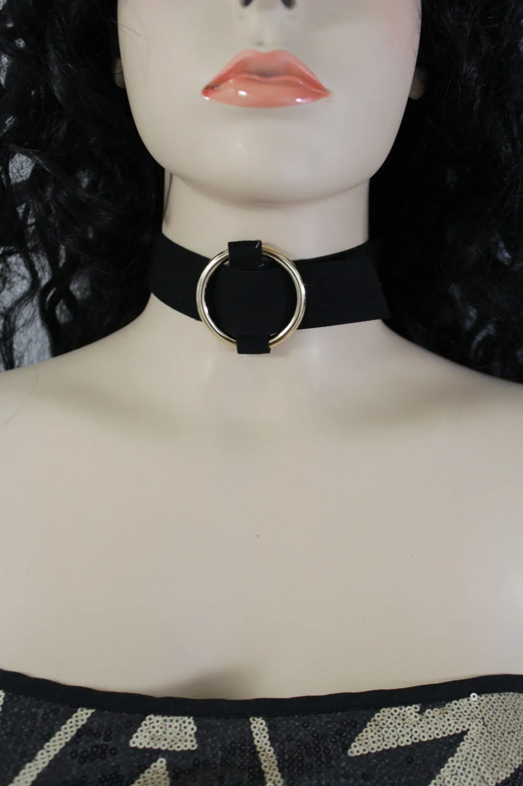 Black Brown Gray Green Red Faux Leather Gold Ring Choker Necklace Accessories