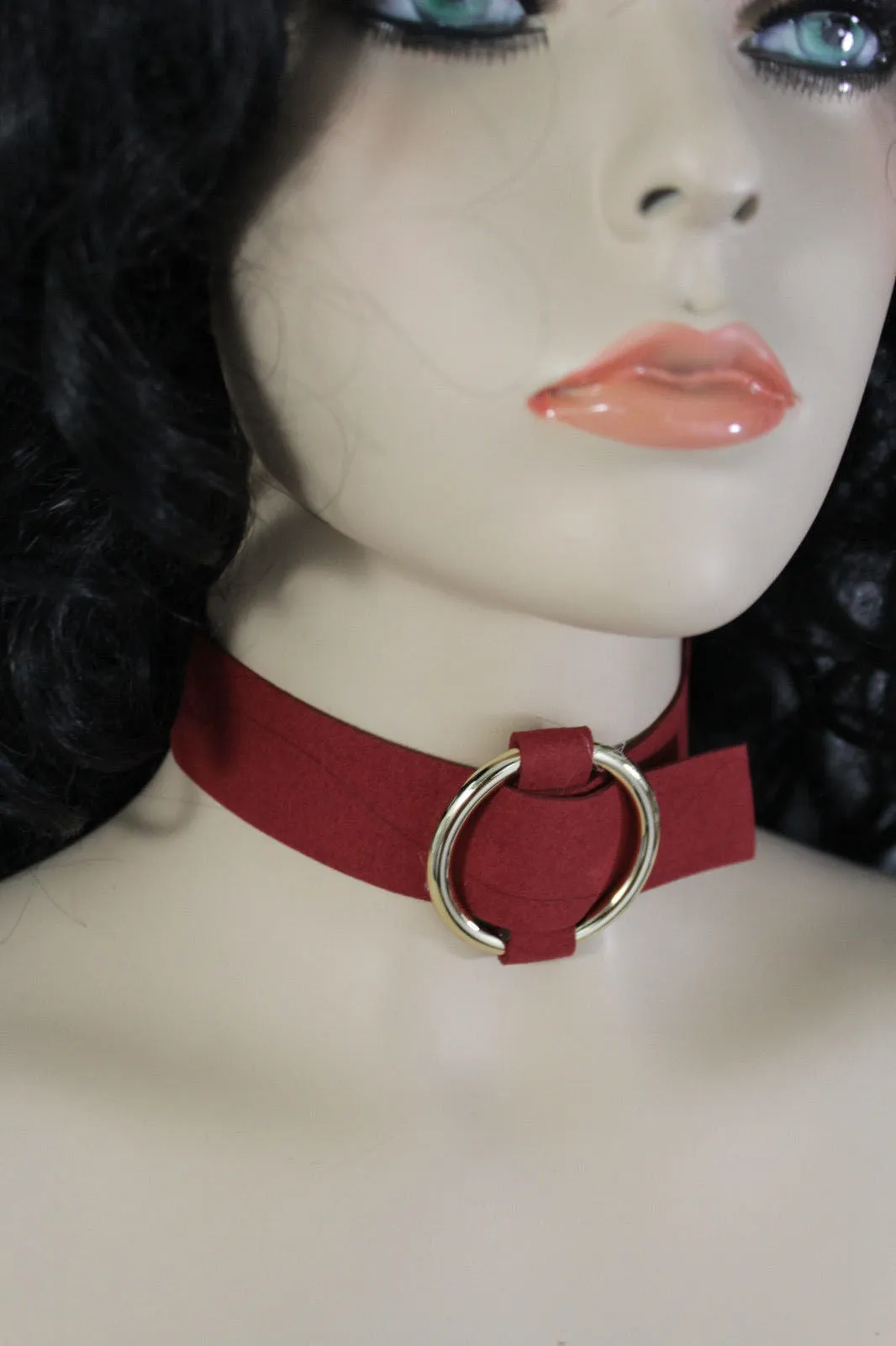 Black Brown Gray Green Red Faux Leather Gold Ring Choker Necklace Accessories