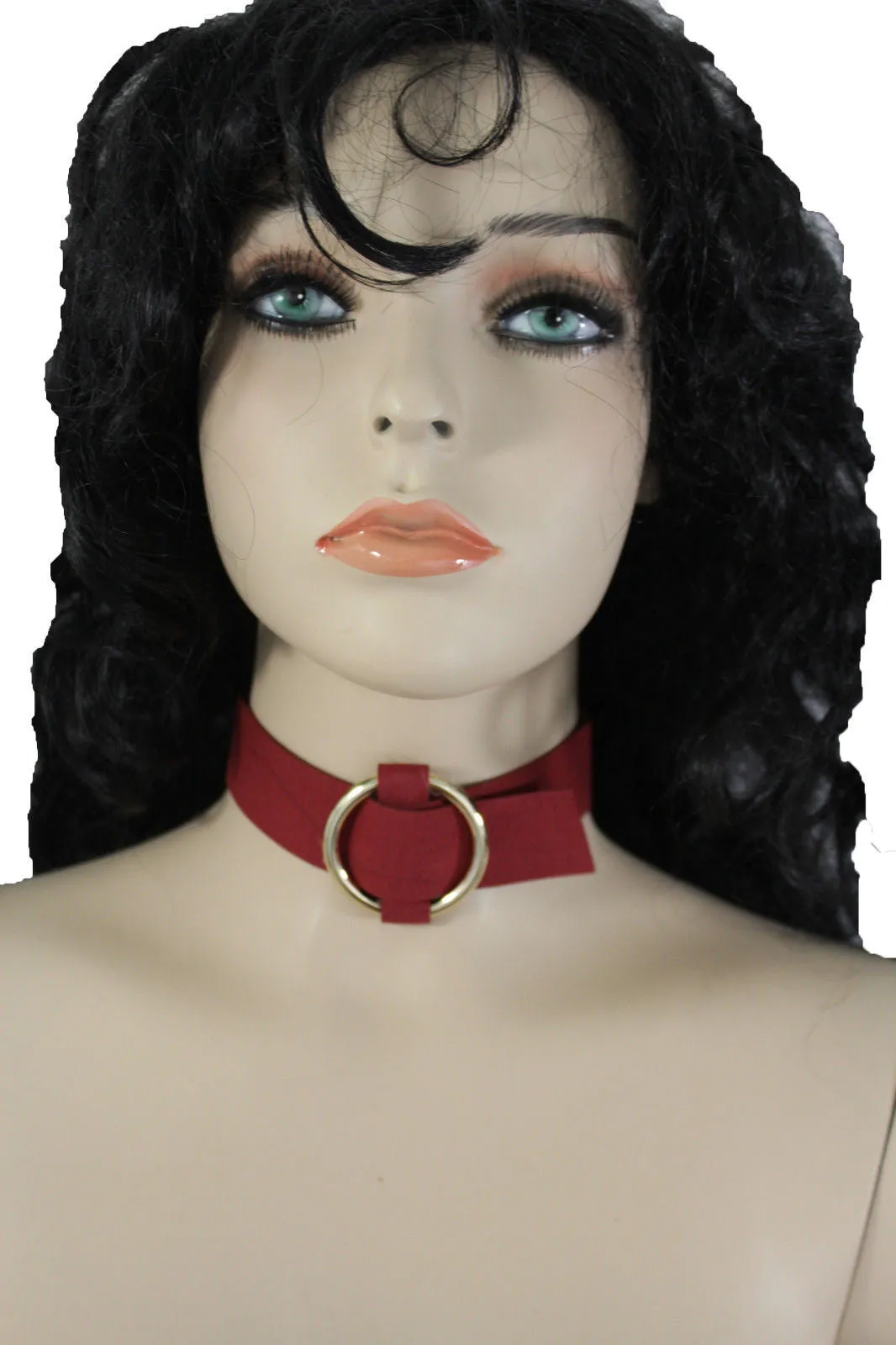 Black Brown Gray Green Red Faux Leather Gold Ring Choker Necklace Accessories