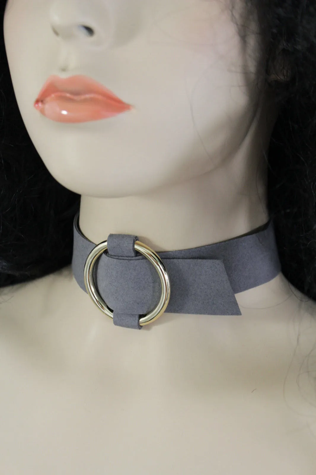 Black Brown Gray Green Red Faux Leather Gold Ring Choker Necklace Accessories