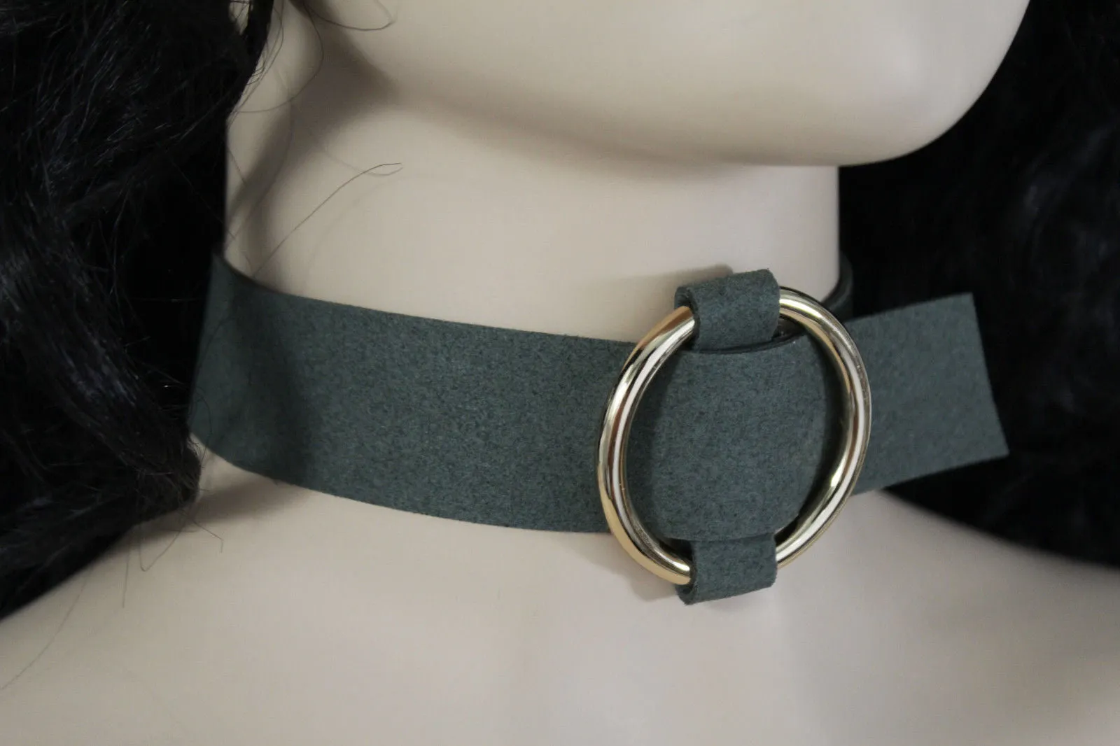 Black Brown Gray Green Red Faux Leather Gold Ring Choker Necklace Accessories