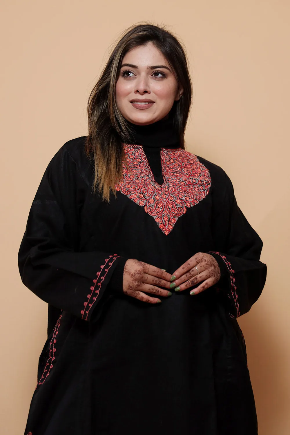 Black Color Kashmiri  Work Embroidered Phiran Enriched With Mechine Sozni Neckline Pattern