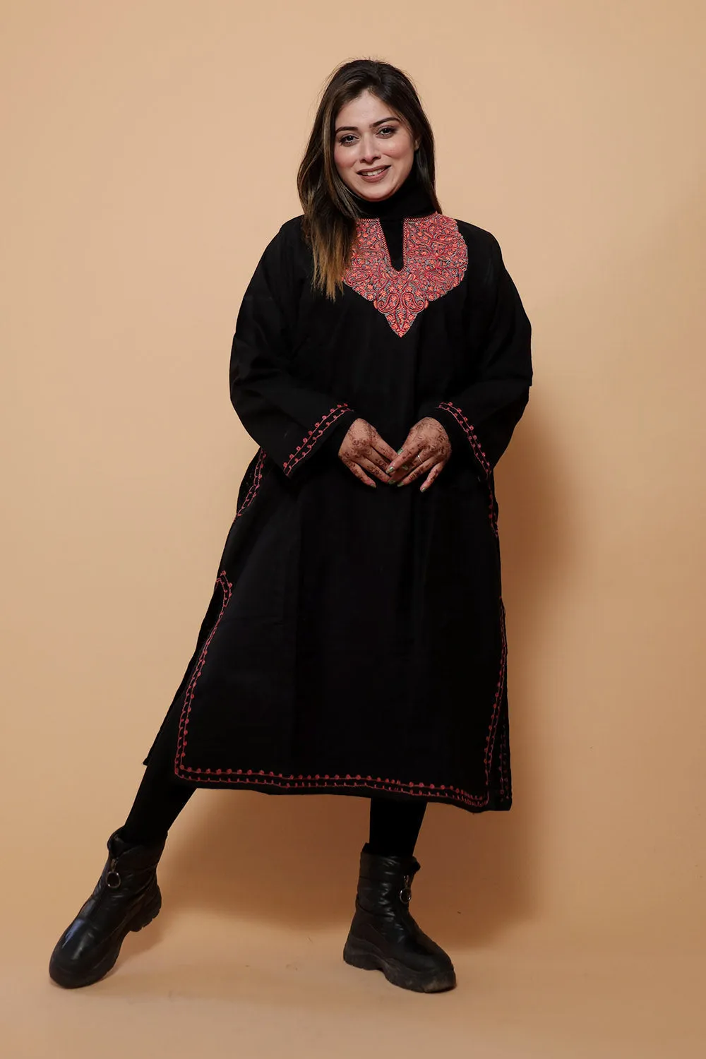 Black Color Kashmiri  Work Embroidered Phiran Enriched With Mechine Sozni Neckline Pattern