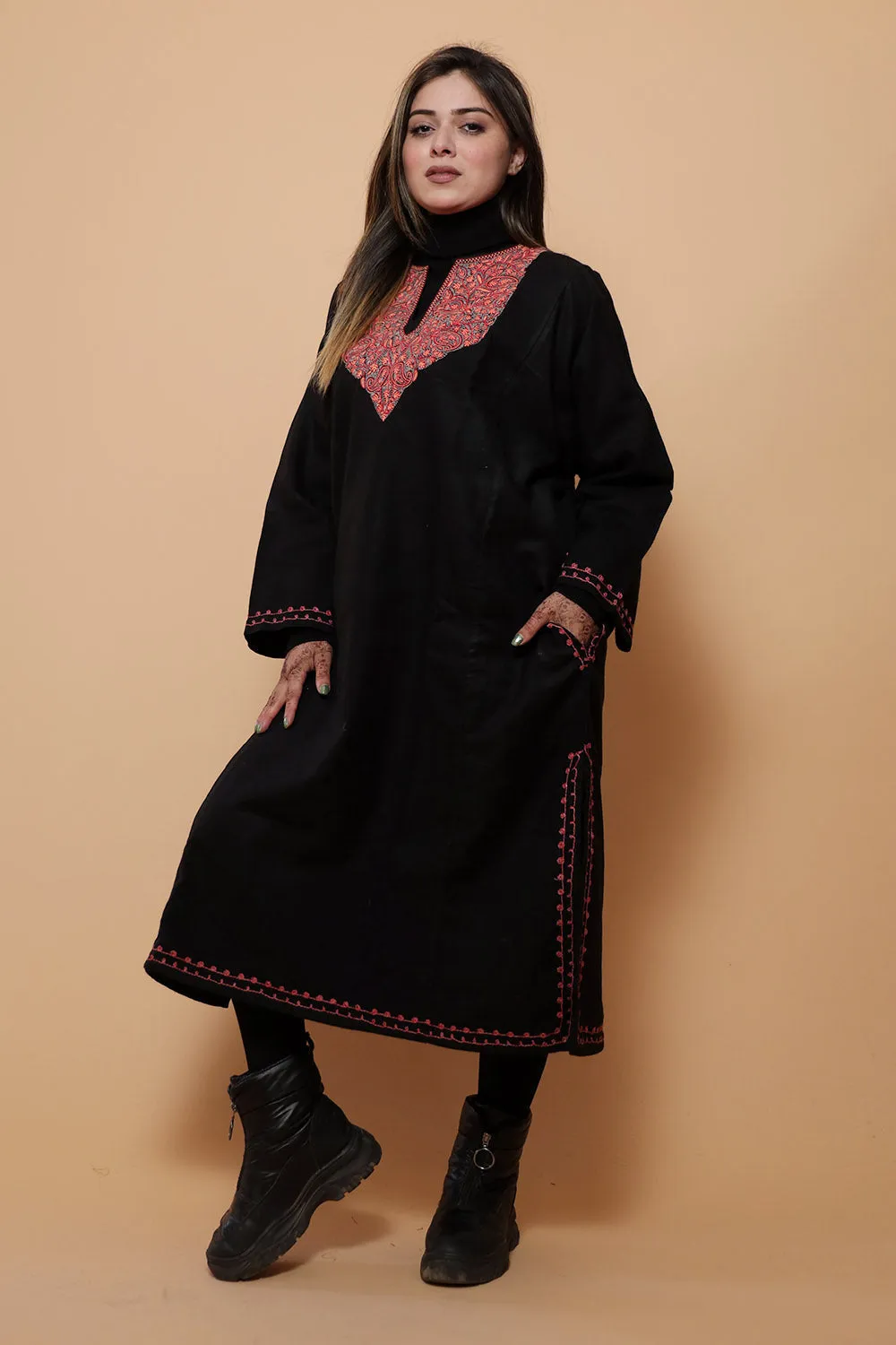 Black Color Kashmiri  Work Embroidered Phiran Enriched With Mechine Sozni Neckline Pattern