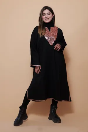 Black Color Kashmiri  Work Embroidered Phiran Enriched With Zari Neckline Pattern