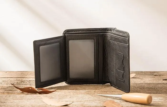 Black Cool Leather Mens Small Wallet Trifold Vintage billfold Wallet for Men