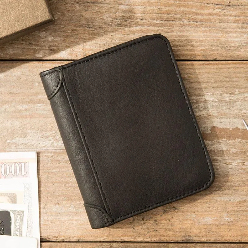 Black Cool Leather Mens Small Wallet Trifold Vintage billfold Wallet for Men