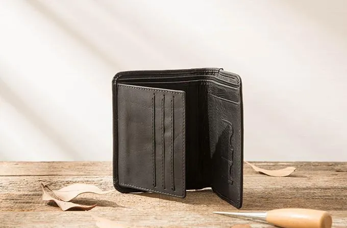 Black Cool Leather Mens Small Wallet Trifold Vintage billfold Wallet for Men