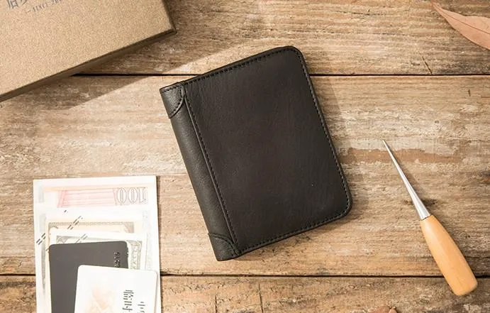 Black Cool Leather Mens Small Wallet Trifold Vintage billfold Wallet for Men