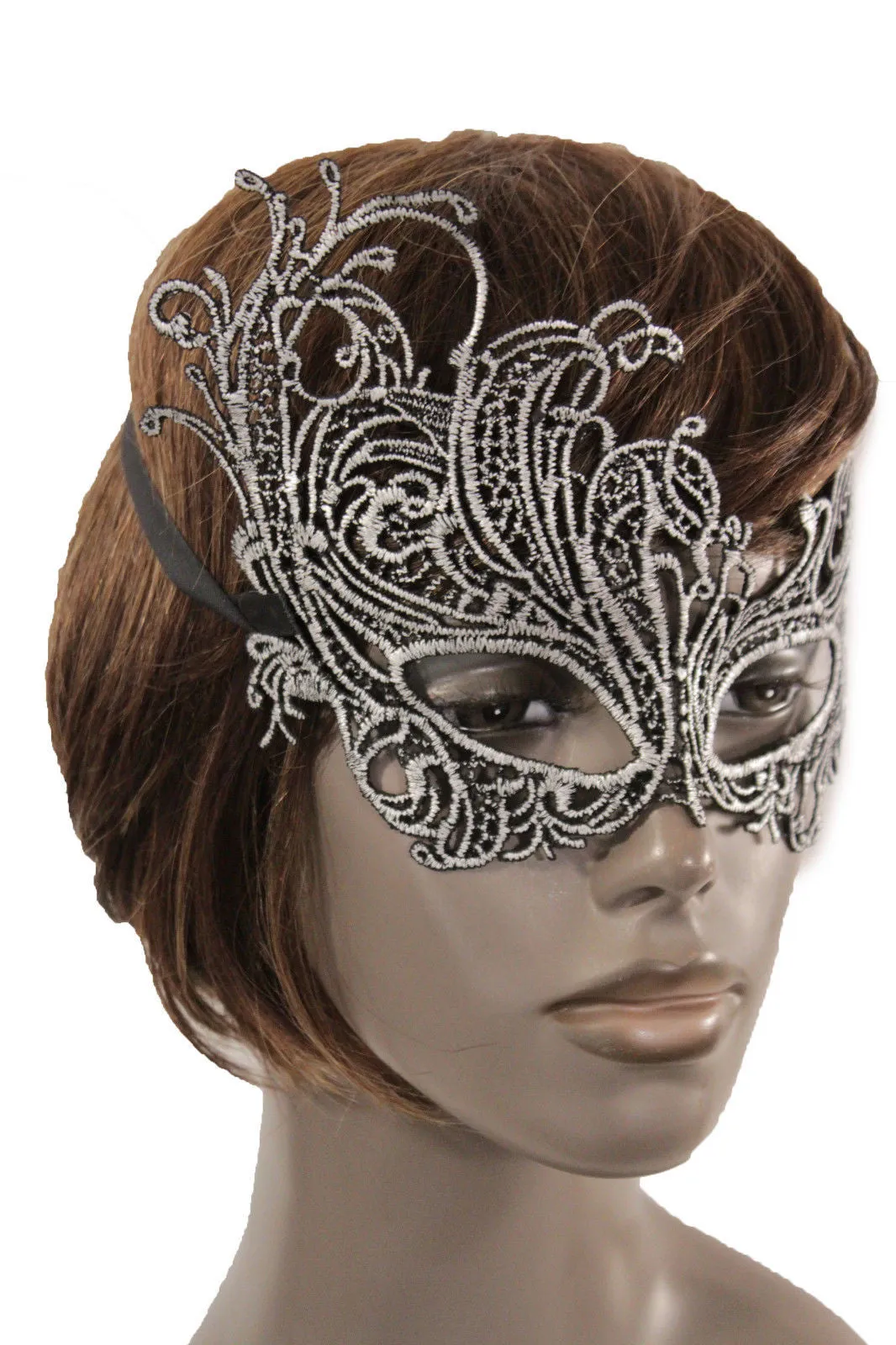 Black Fabric Half Face Eye Costume Flowers Filigree Mask Halloween Women Men