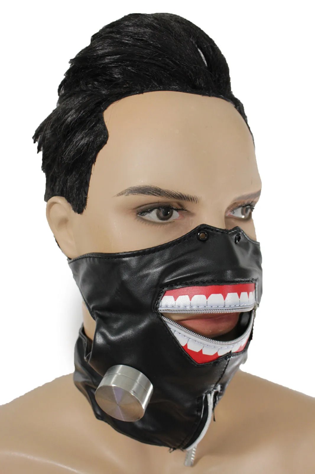 Black Faux Leather Biohazard Zipper Mouth Muzzle S&M Face Mask Halloween Accessories