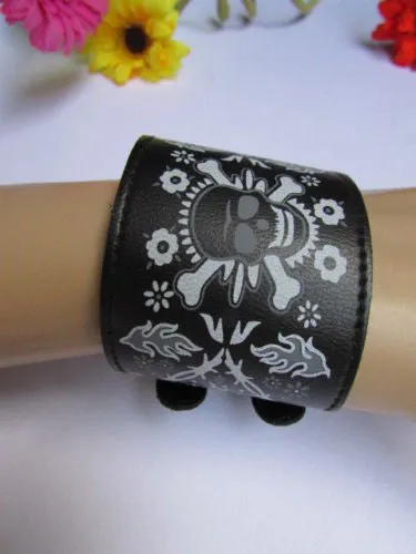 Black Faux Leather White Skull Bracelet Motorcycle Punk Rock Style