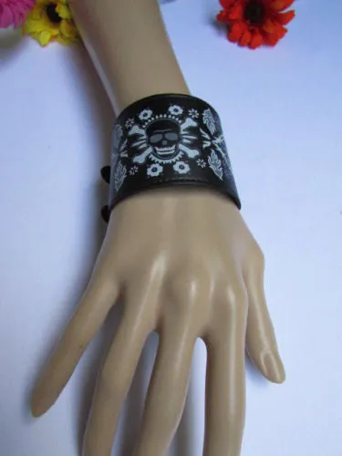 Black Faux Leather White Skull Bracelet Motorcycle Punk Rock Style