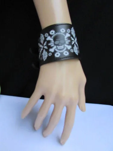 Black Faux Leather White Skull Bracelet Motorcycle Punk Rock Style