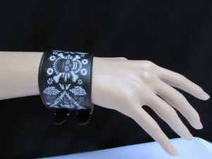 Black Faux Leather White Skull Bracelet Motorcycle Punk Rock Style