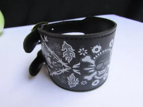 Black Faux Leather White Skull Bracelet Motorcycle Punk Rock Style