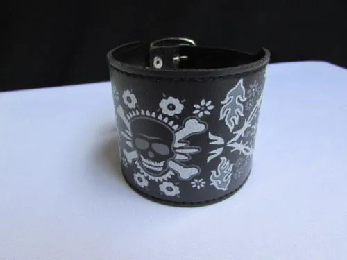 Black Faux Leather White Skull Bracelet Motorcycle Punk Rock Style