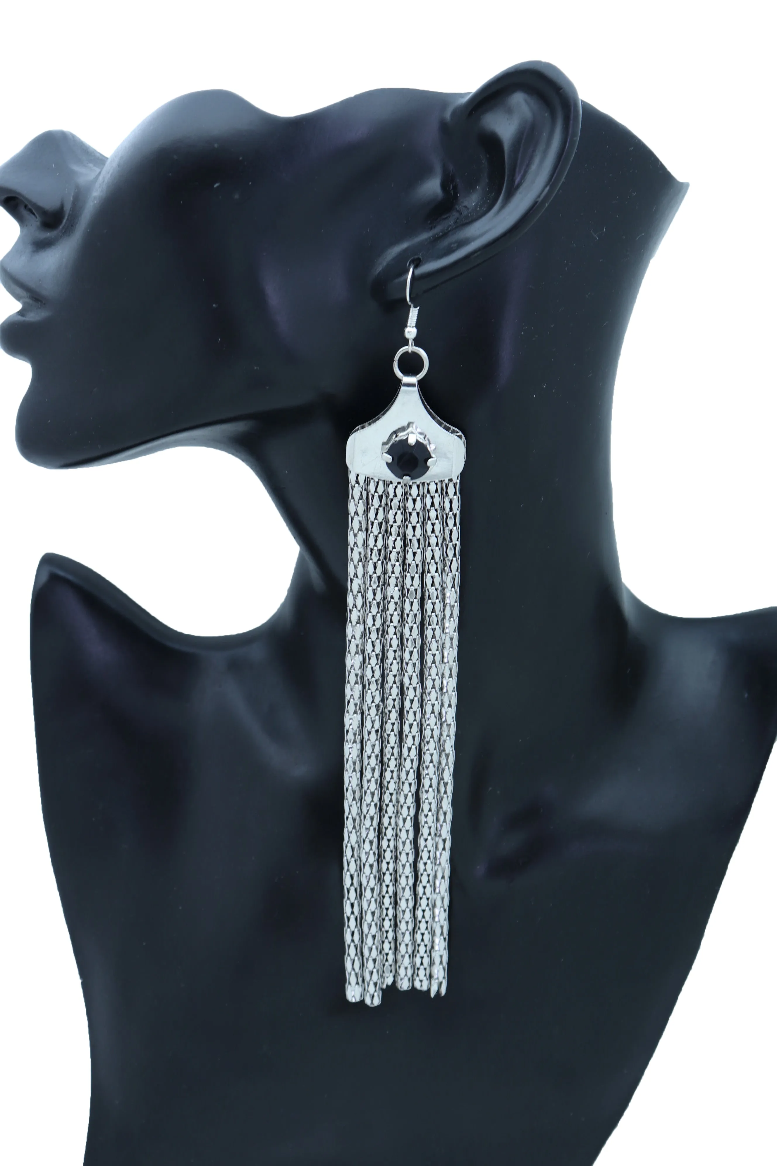 Black Gem Accent Long Tassel Silver Earrings