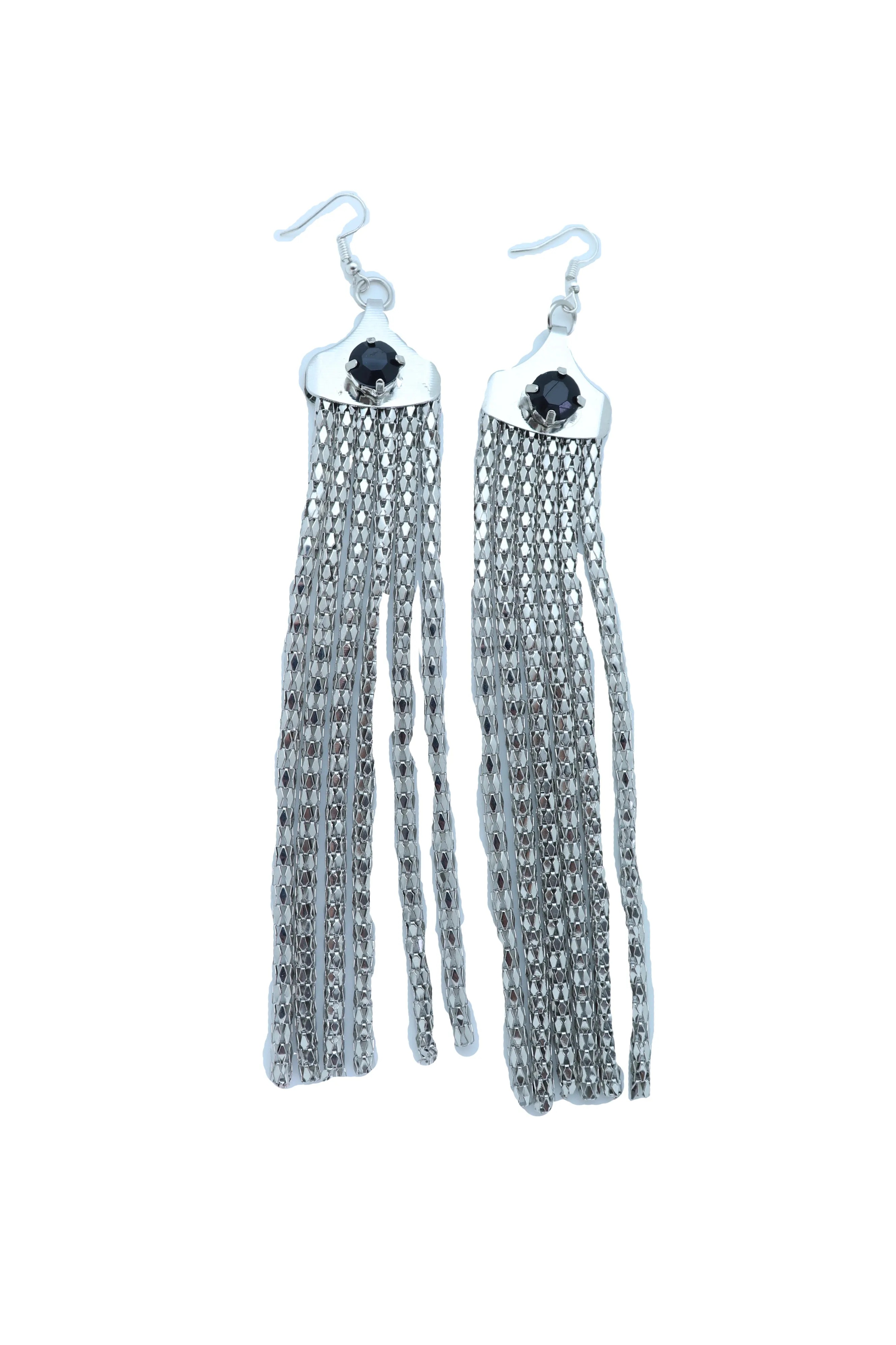 Black Gem Accent Long Tassel Silver Earrings