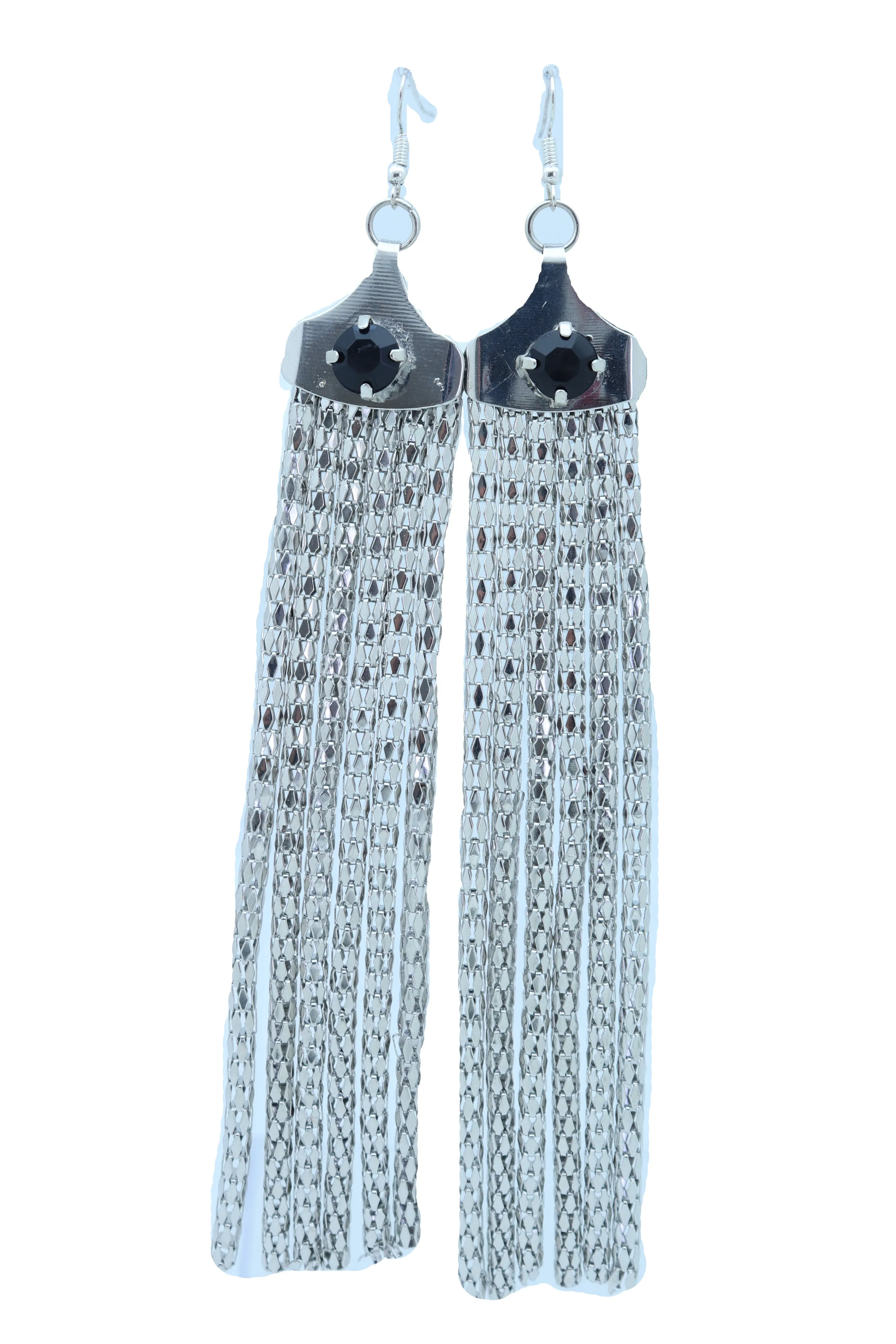 Black Gem Accent Long Tassel Silver Earrings