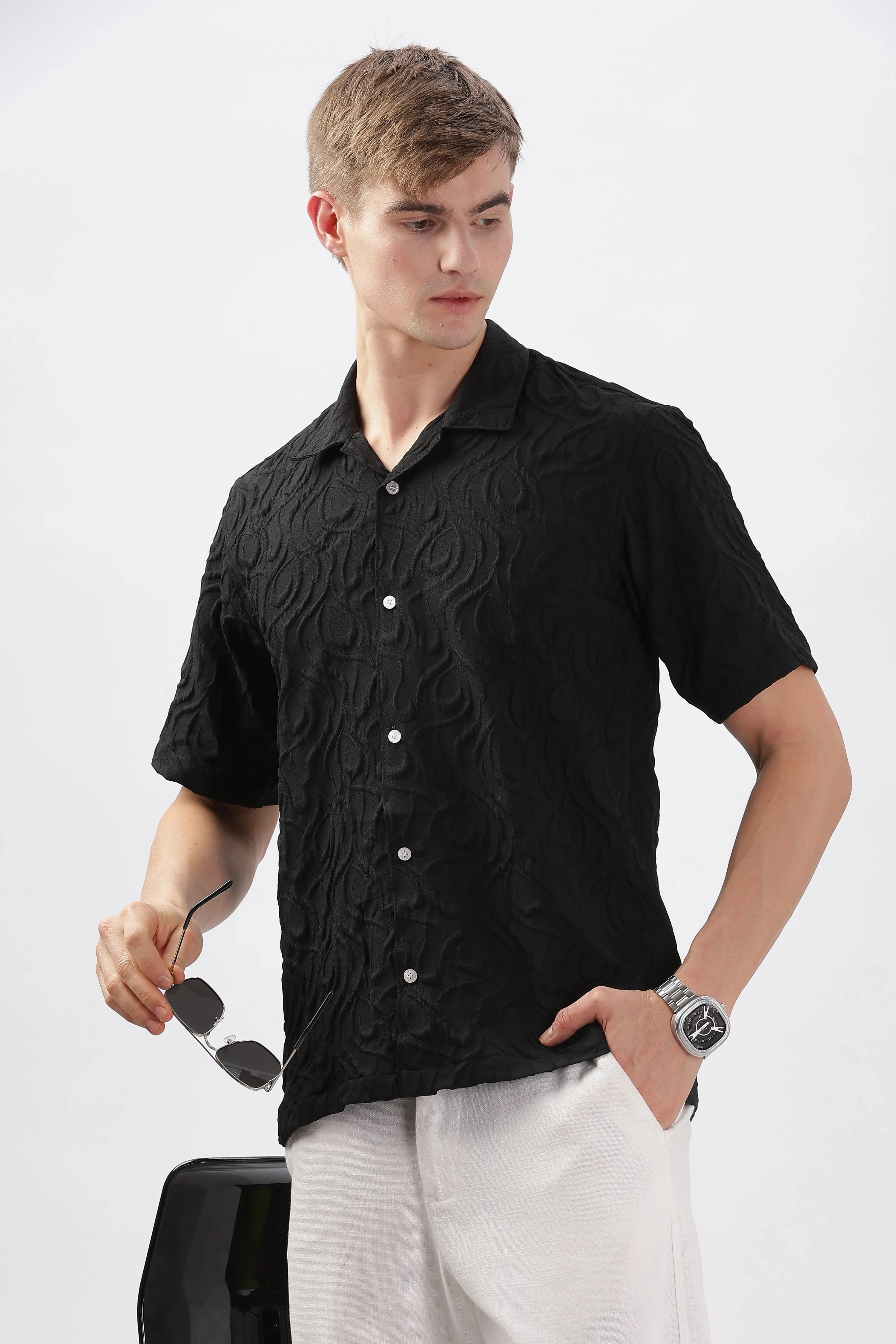 Black jacquard embossed half sleeve shirt