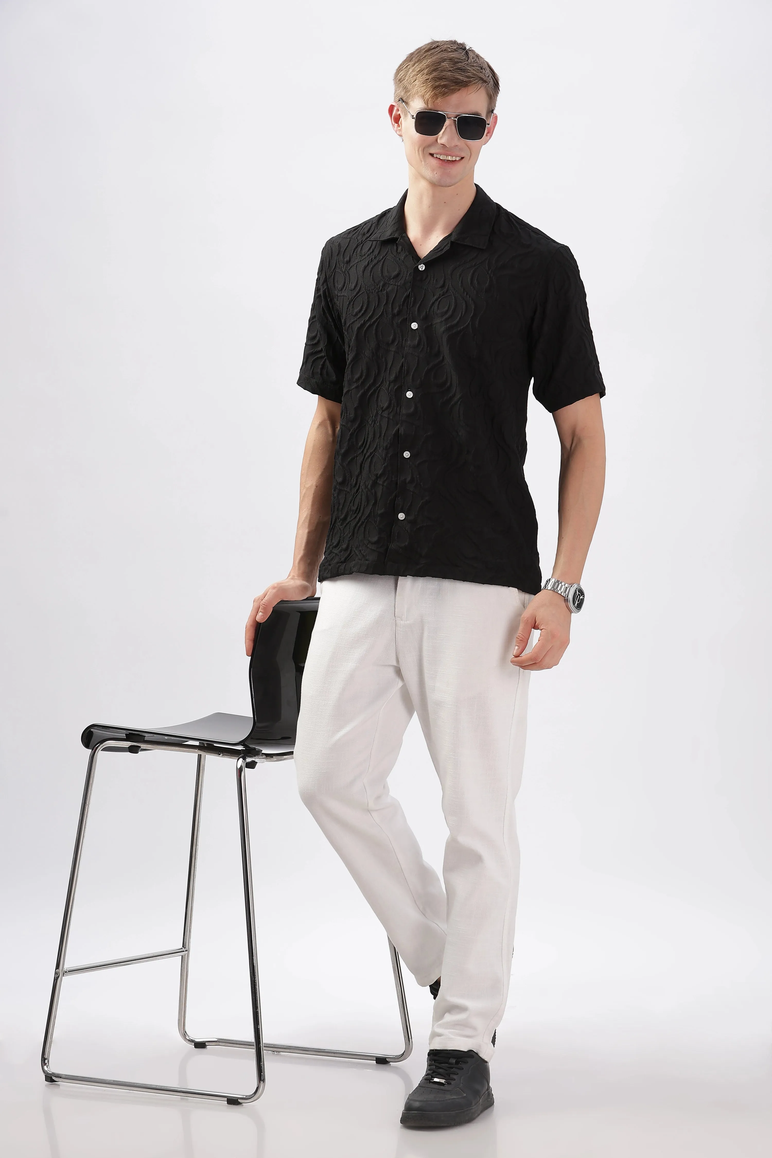 Black jacquard embossed half sleeve shirt