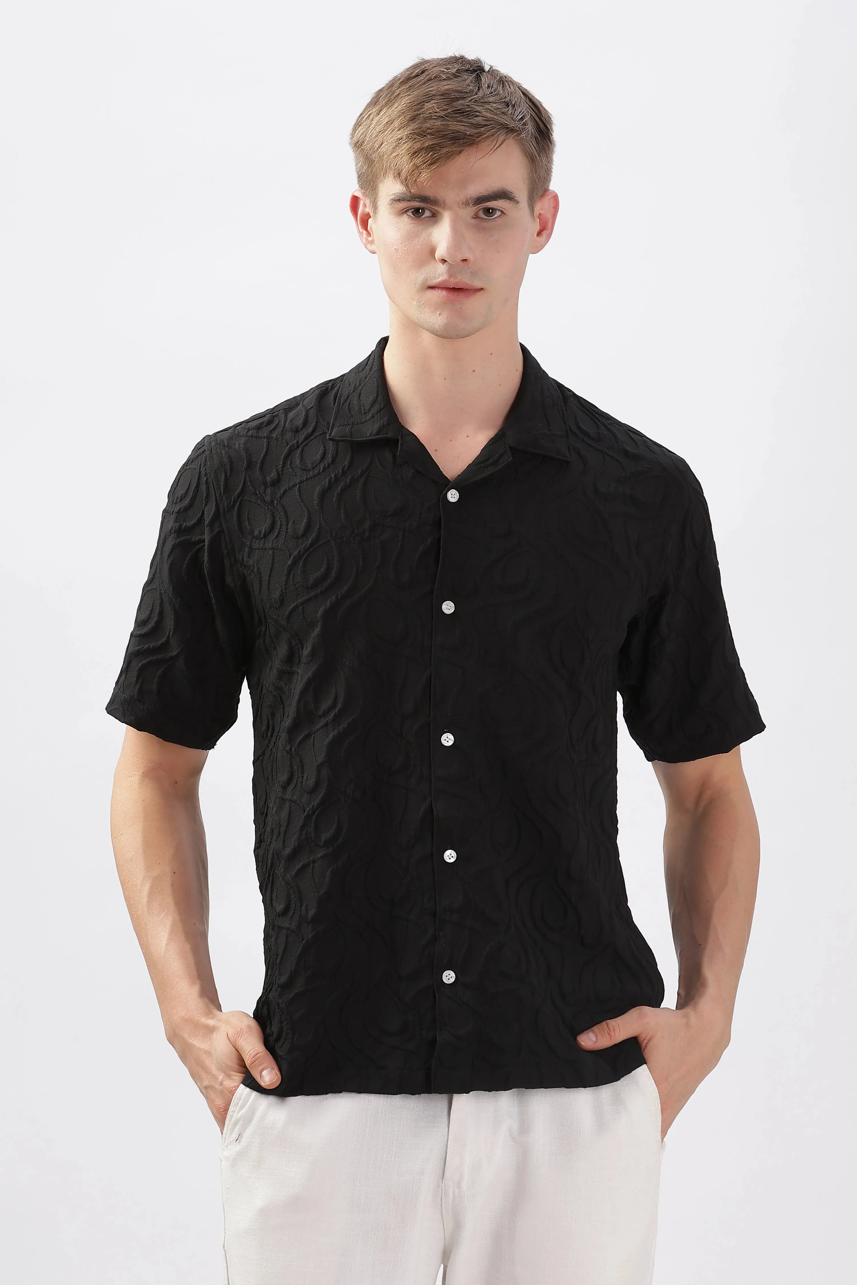 Black jacquard embossed half sleeve shirt