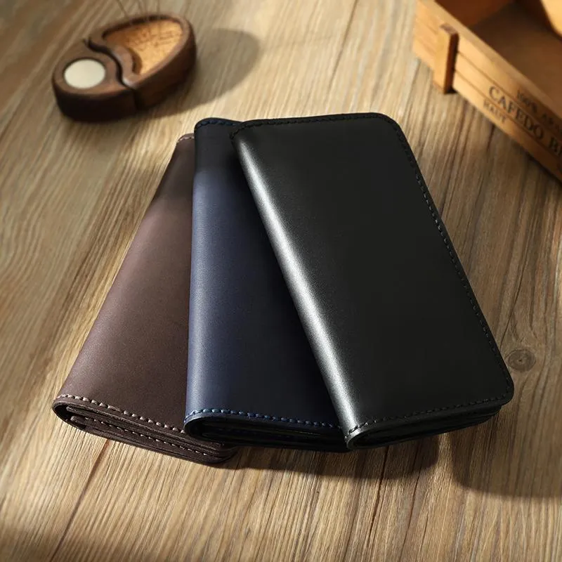 Black Leather Mens Bifold Long Wallets Personalized Handmade Black Travel Leather Wallet for Men