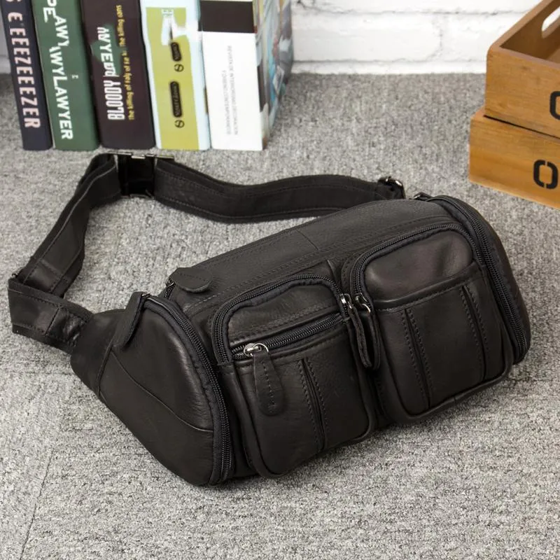 Black Leather Mens Fanny Pack Waist Bag Hip Pack Belt Bag Bumbag for Men