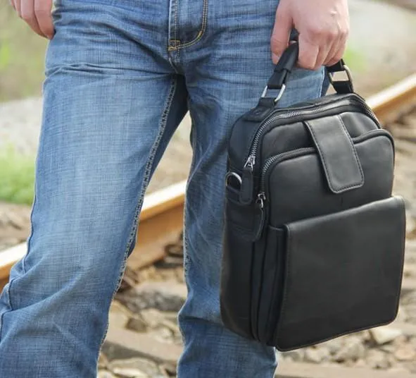 Black Leather Mens Small Shoulder Bag Messenger Bag Crossbody Bag for Men