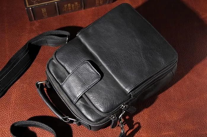 Black Leather Mens Small Shoulder Bag Messenger Bag Crossbody Bag for Men