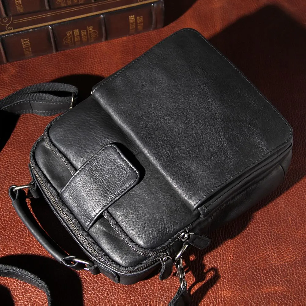 Black Leather Mens Small Shoulder Bag Messenger Bag Crossbody Bag for Men