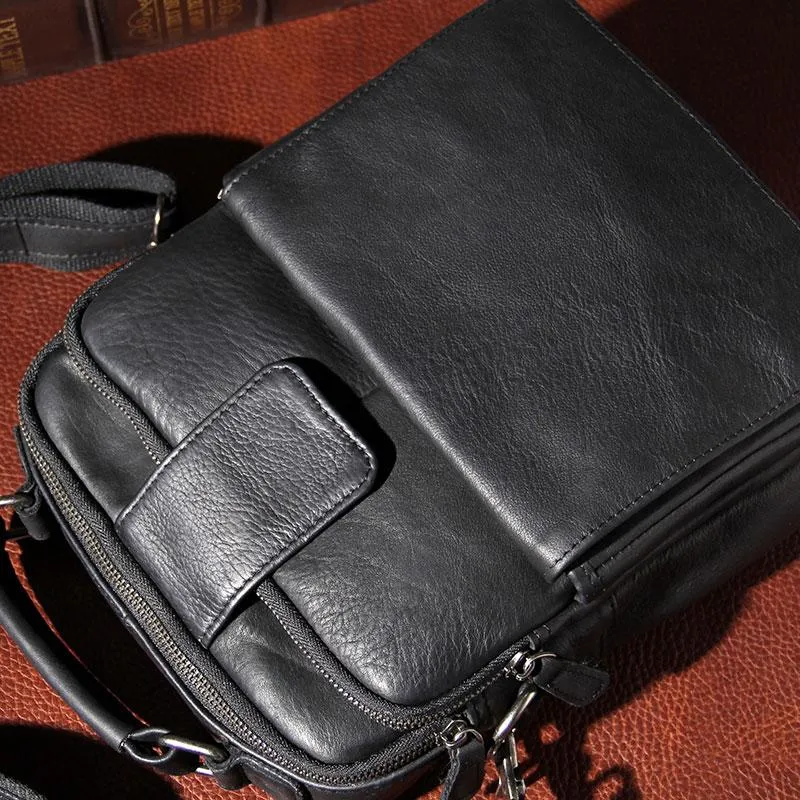 Black Leather Mens Small Shoulder Bag Messenger Bag Crossbody Bag for Men